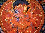 Tibet Guge 09 Tsaparang Demchog Temple 04 Vag Dakini Chakrasamvara Along the left wall is the cycle of Demchog (Skt. Chakrasamvara), with five dakinis each holding Demchog in tantric yab-yum, with the far one being the red-skinned Vag Dakini. His two main arms embrace Vag Dakini, one with a vajra, the other a lotus. Vag Dakinis left hand circle Chakrasamvaras neck while her right holds a lotus. In his right hands he holds a vajra lasso, a hatchet, a drum, a trident and a chopper. His left hands hold a vajra lasso, a skull full of blood, a noose, the heads of Brahma, and a khatvanga. Photo - Weyer/Aschoff: Tsaparang, Tibets Grosses Geheimnis,